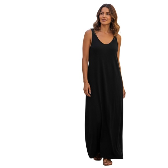 Eileen Fisher System Maxi Dress Black knit Sleeveless size Large Lagenlook - Picture 8 of 8